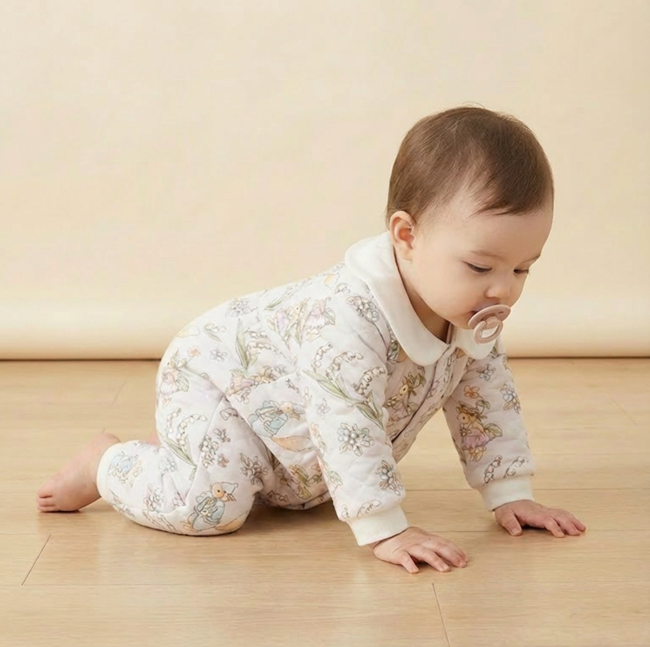 100% Cotton Long Sleeve Snap-Up Quilted Romper - Bunny & Flowers