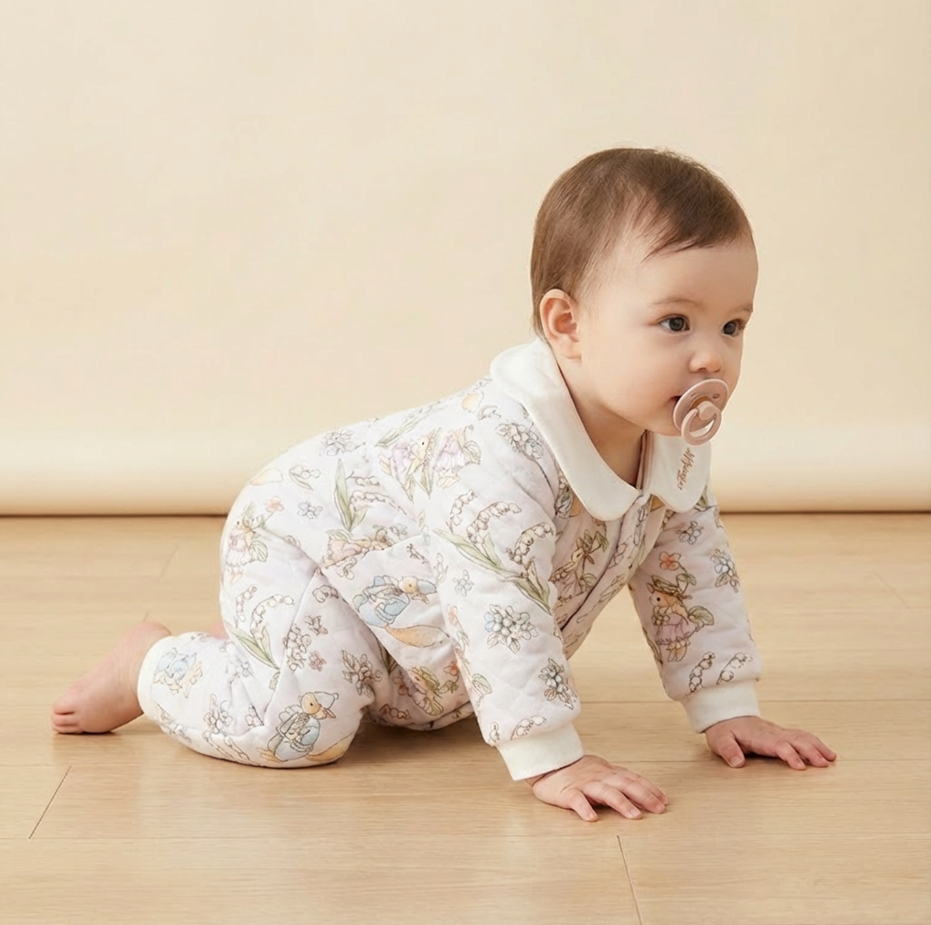 100% Cotton Long Sleeve Snap-Up Quilted Romper - Bunny & Flowers