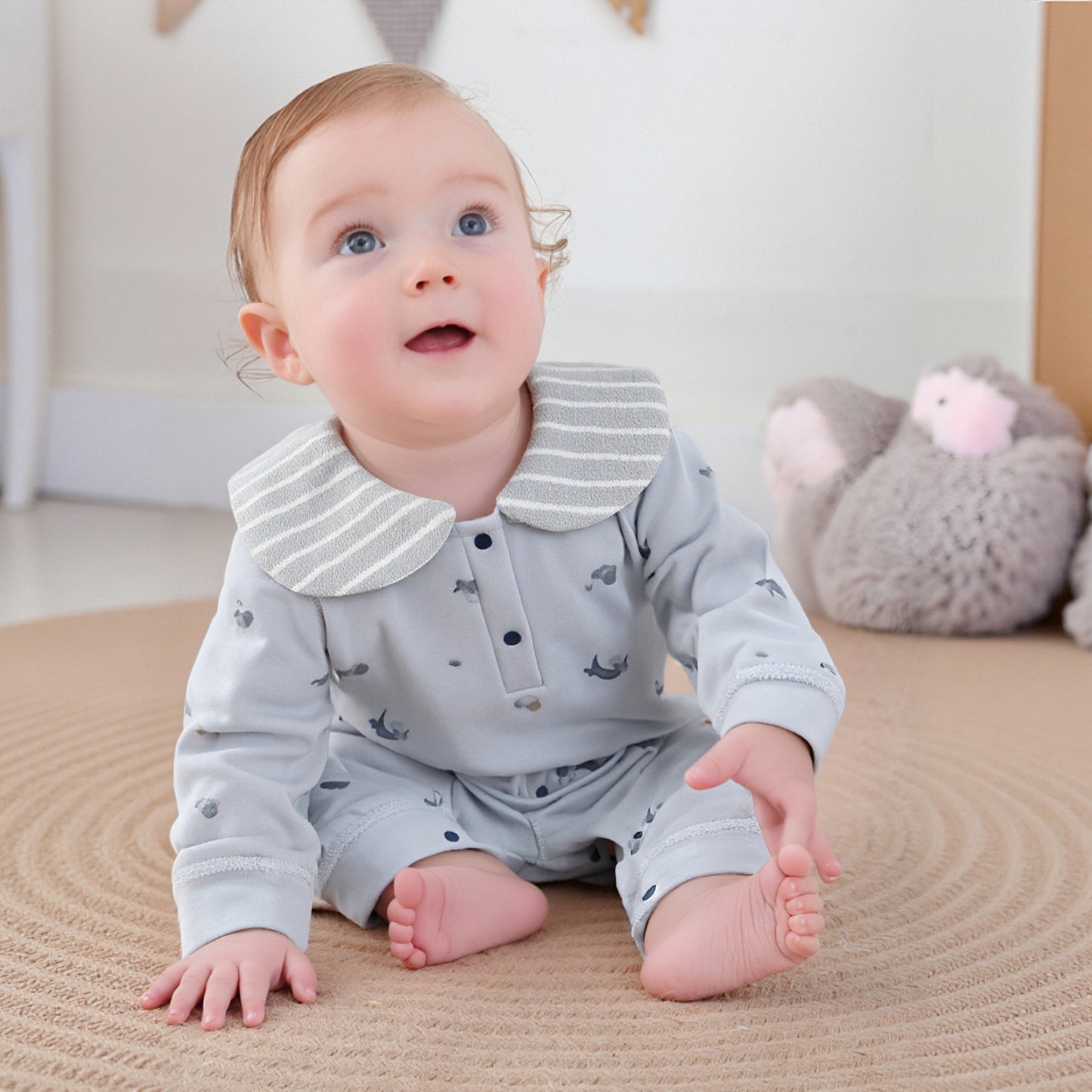 100% Cotton Snap-up Long-Sleeve Romper - Cute Elephant & Flowers