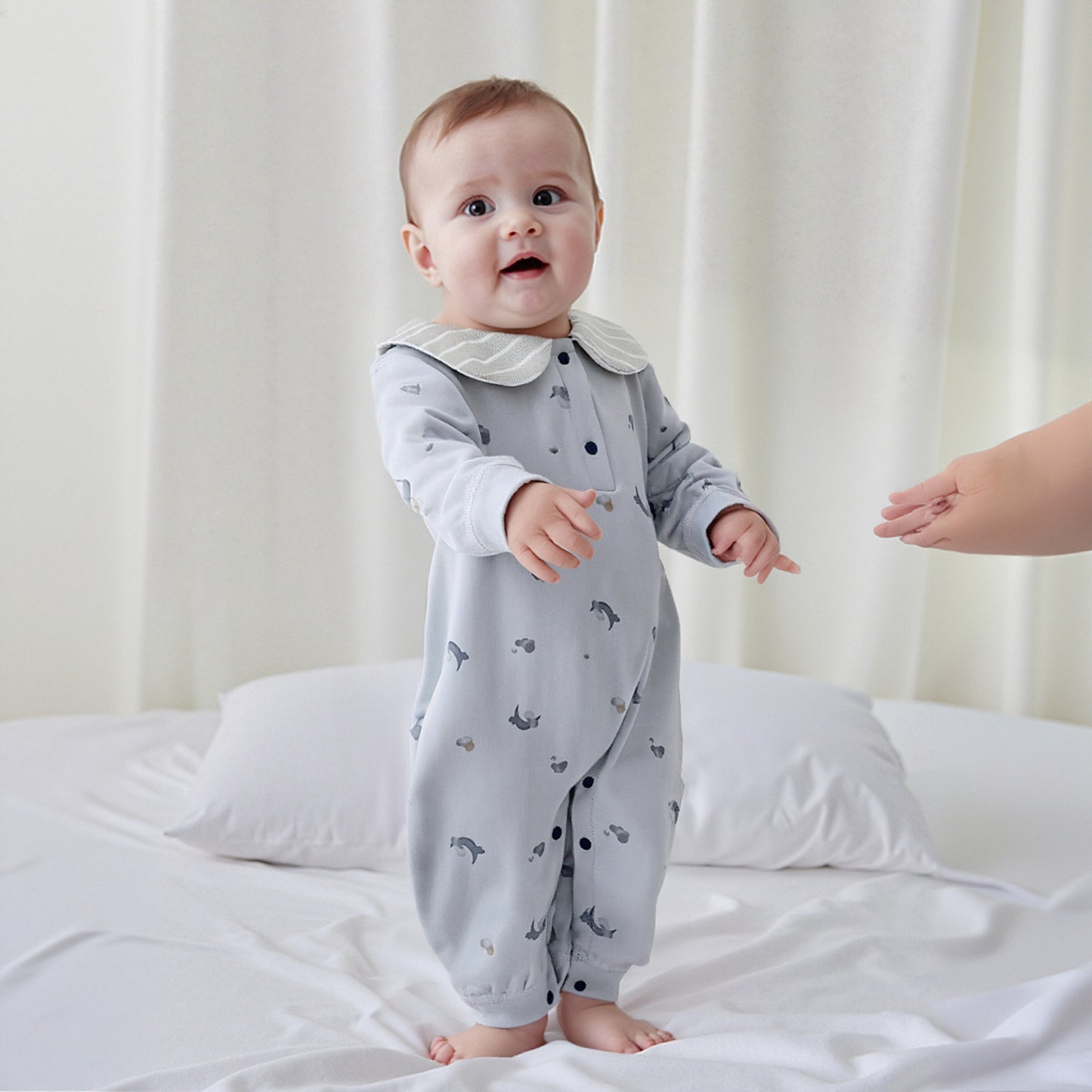 100% Cotton Snap-up Long-Sleeve Romper - Skate Bear