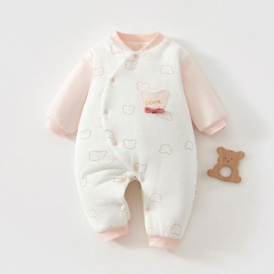 100% Cotton Long Sleeve Snap-Up Quilted Romper - Pink Lovely Bear