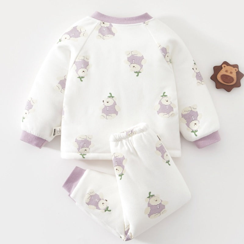 100% Cotton Long Sleeve Quilted Top & Pants Set - Yellow Lovely Bear