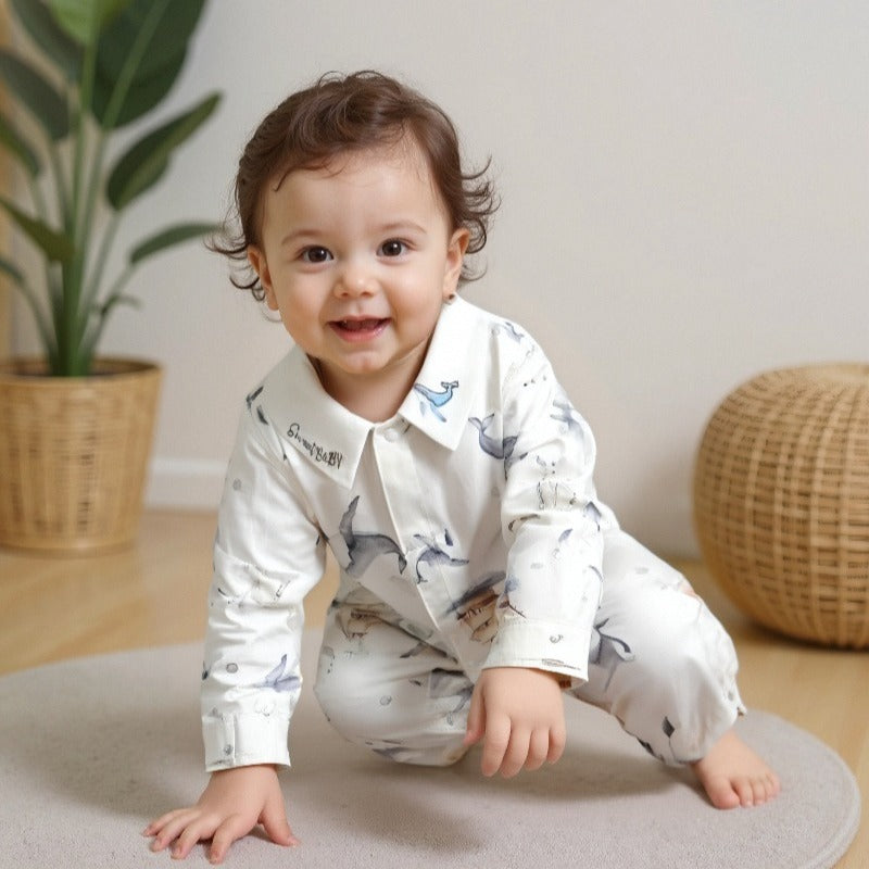 100% Cotton Long Sleeve Snap-Up Romper - White Crane