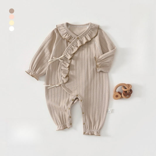100% Cotton Long-Sleeve Kimono Romper - Brown