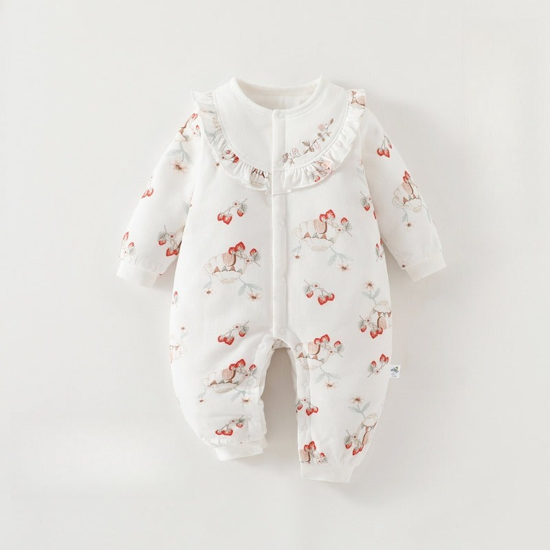 100% Cotton Quilted Long Sleeve Snap-Up Romper - Brown Flower Garden