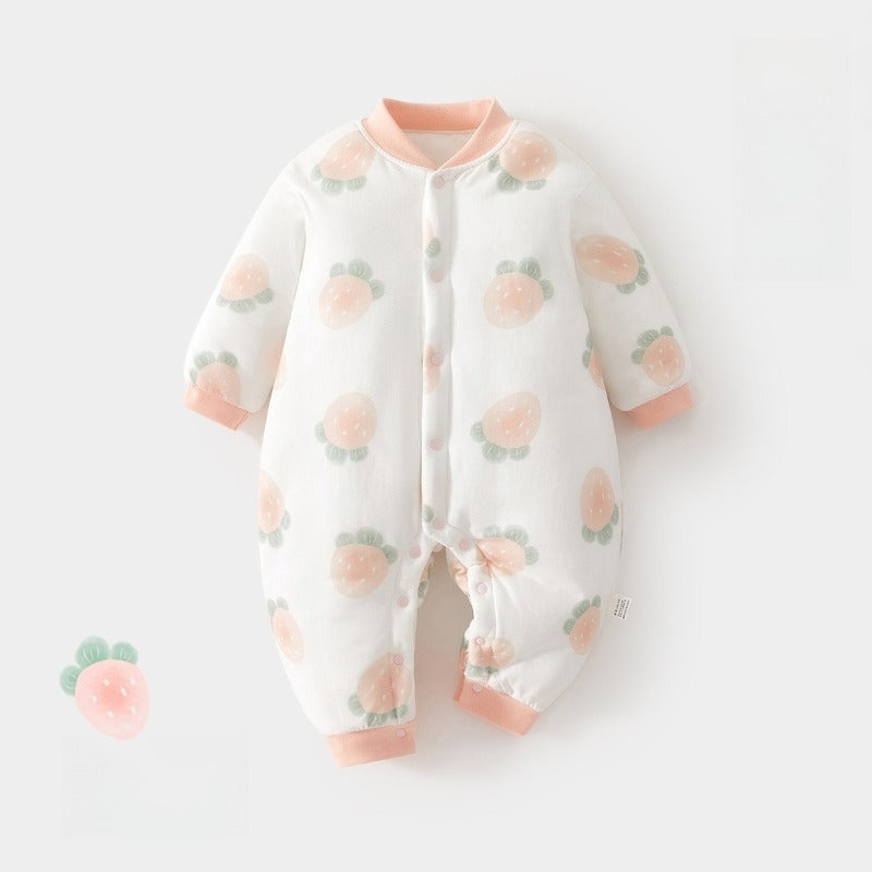 100% Cotton Quilted Long Sleeve Snap-Up Romper - Cat with Lemon