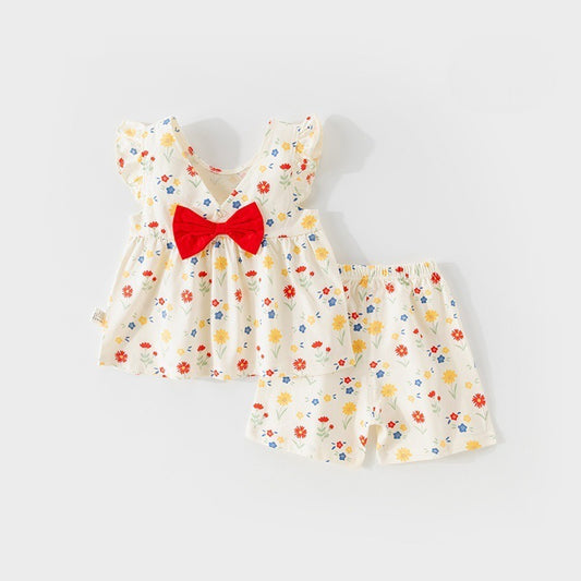 100% Cotton Flutter-Sleeve Top & Pants Set - Floral Garden & Bowknot - Organic Cotton Clubs