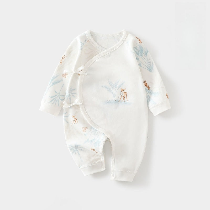 100% Cotton Long-Sleeve Kimono Romper - Green Deer