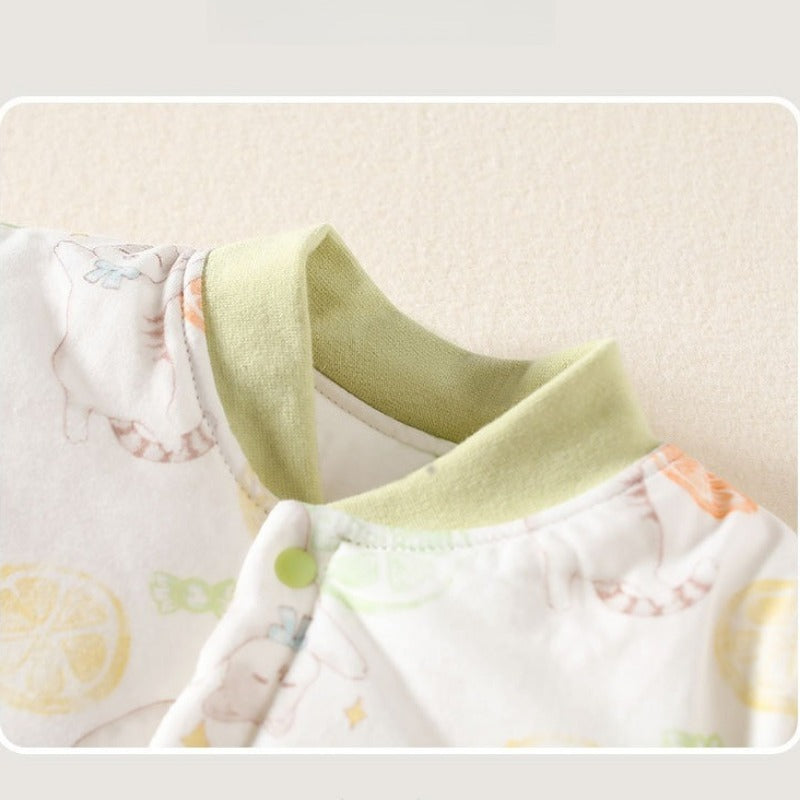 100% Cotton Quilted Long Sleeve Snap-Up Romper - Cat with Lemon