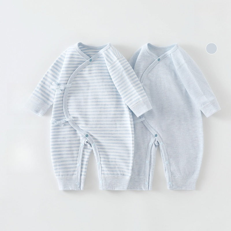 [2-Pieces Set] 100% Cotton Long-Sleeve Kimono Romper - Blue & Blue Stripe