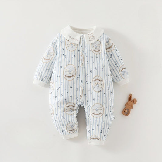 100% Cotton Warm Long Sleeve Snap-Up Romper - Blue Rocking Horse