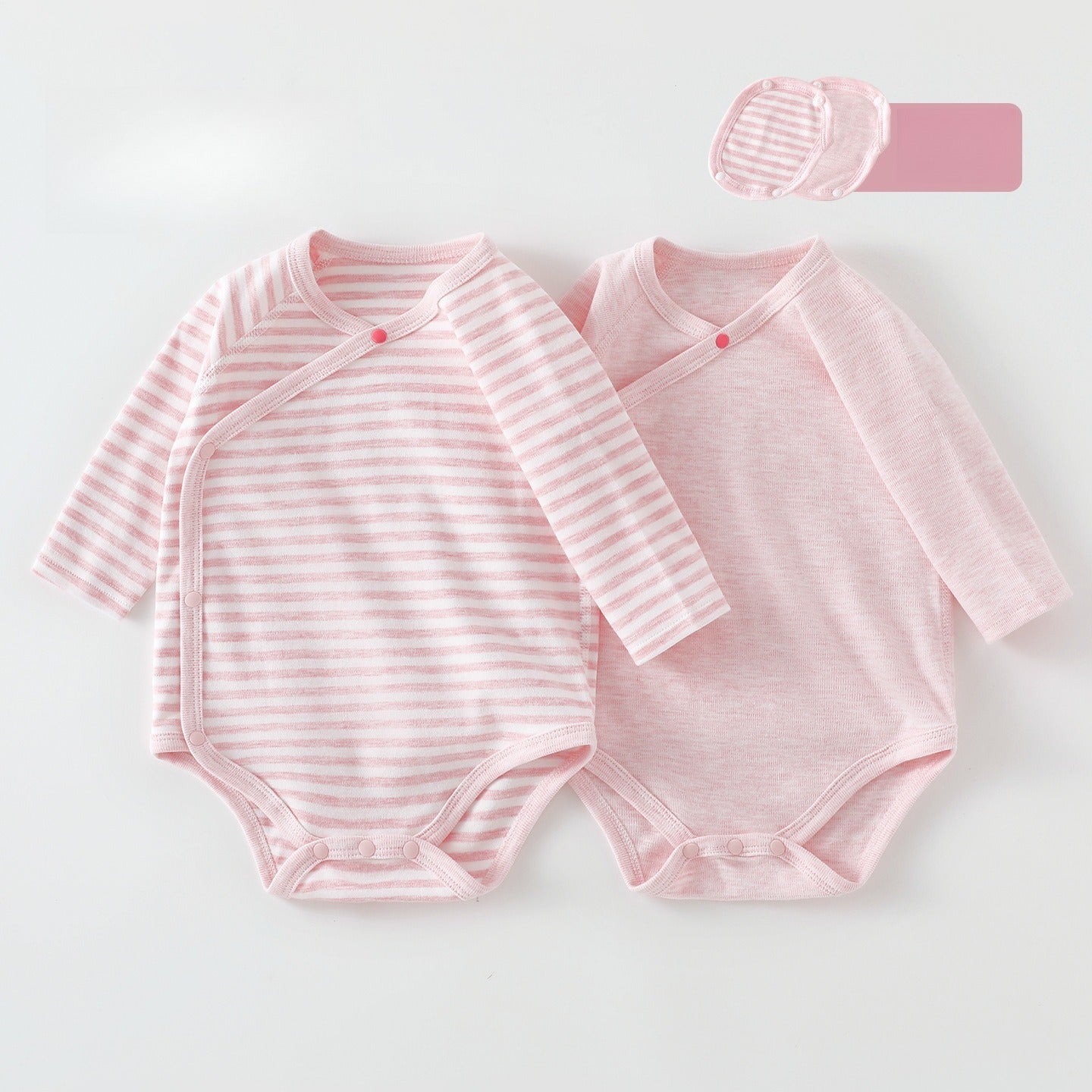 [2-Pieces Set] 100% Cotton Long Sleeve Side-Snap Bodysuit - Blue & Blue Stripe
