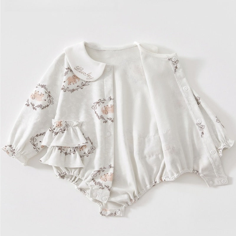 100% Cotton Long Sleeve Pullover Bodysuit - Cute Elephant & Flowers