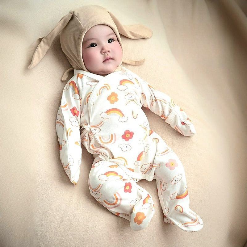 100% Cotton Footed Onesie with Mittens - Cloud & Moon