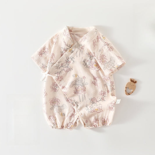 Cotton & Bamboo Muslin Short Sleeve Kimono Romper - Flamingos & Giraffes - Organic Cotton Clubs
