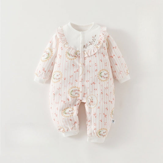 100% Cotton Quilted Long Sleeve Snap-Up Romper - Pink Floral Garden
