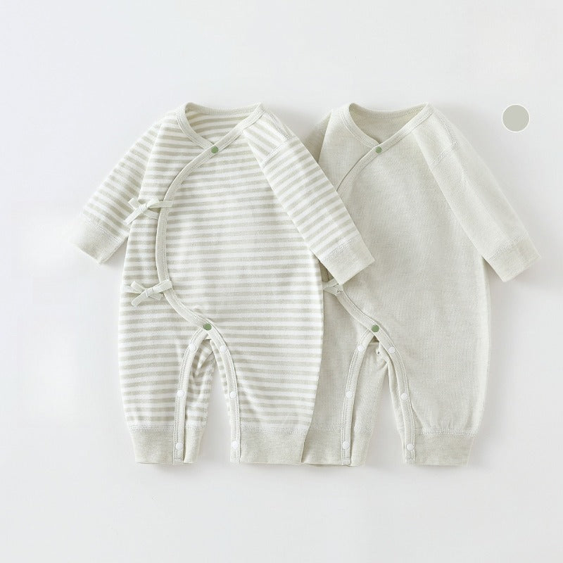 [2-Pieces Set] 100% Cotton Long-Sleeve Kimono Romper - Blue & Blue Stripe