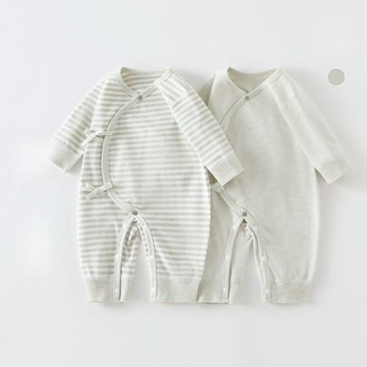 [2-Pieces Set] 100% Cotton Long-Sleeve Kimono Romper - Green & Green Stripe