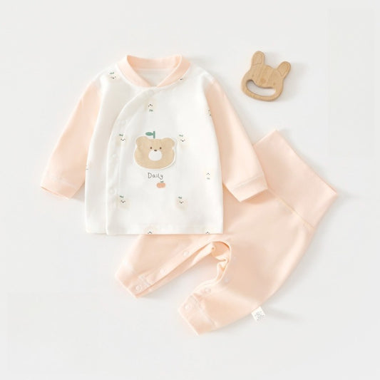 100% Cotton Long Sleeve Snap-Up Top & Pants Set - Pink Bear