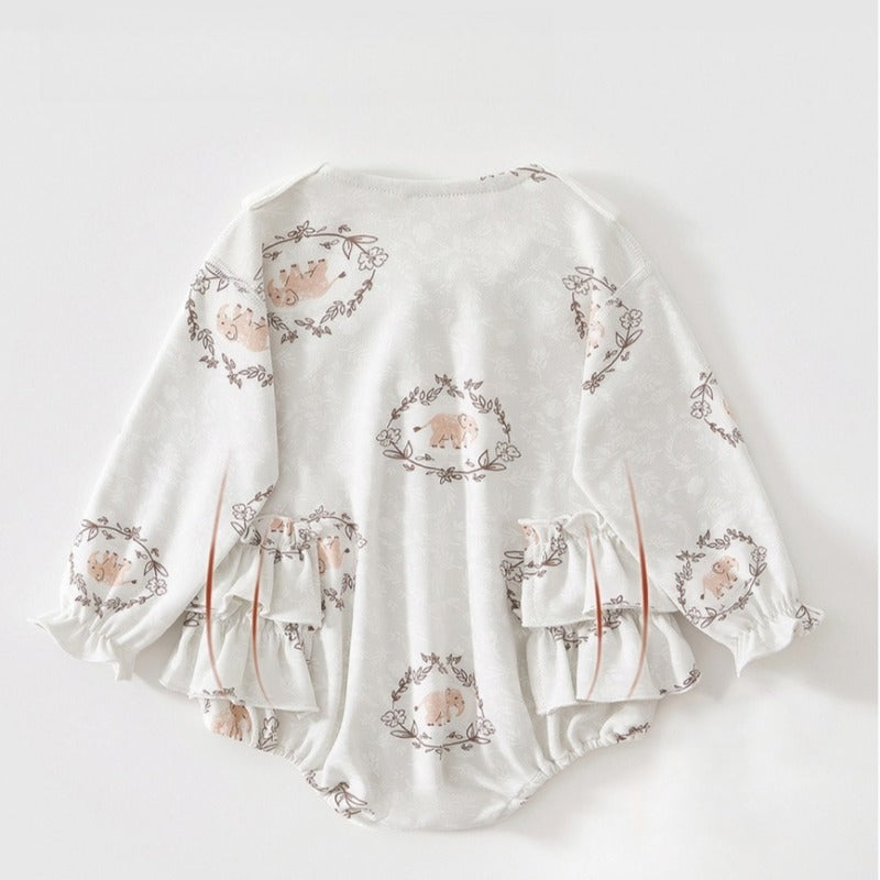 100% Cotton Long Sleeve Pullover Bodysuit - Cute Elephant & Flowers