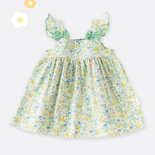 100% Cotton Flutter-Sleeve Dress - Spring Garden with Bowknot