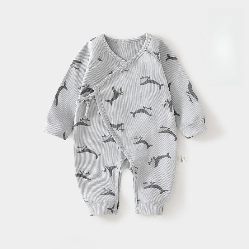 100% Cotton Long-Sleeve Kimono Romper - Blue Whale