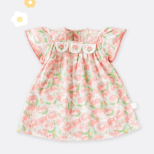 100% Cotton Flutter-Sleeve Dress - Pink Blossom