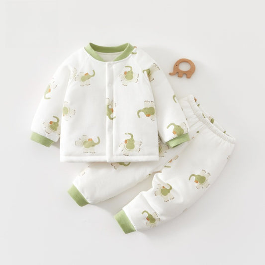 100% Cotton Long Sleeve Quilted Top & Pants Set- Green Elephant