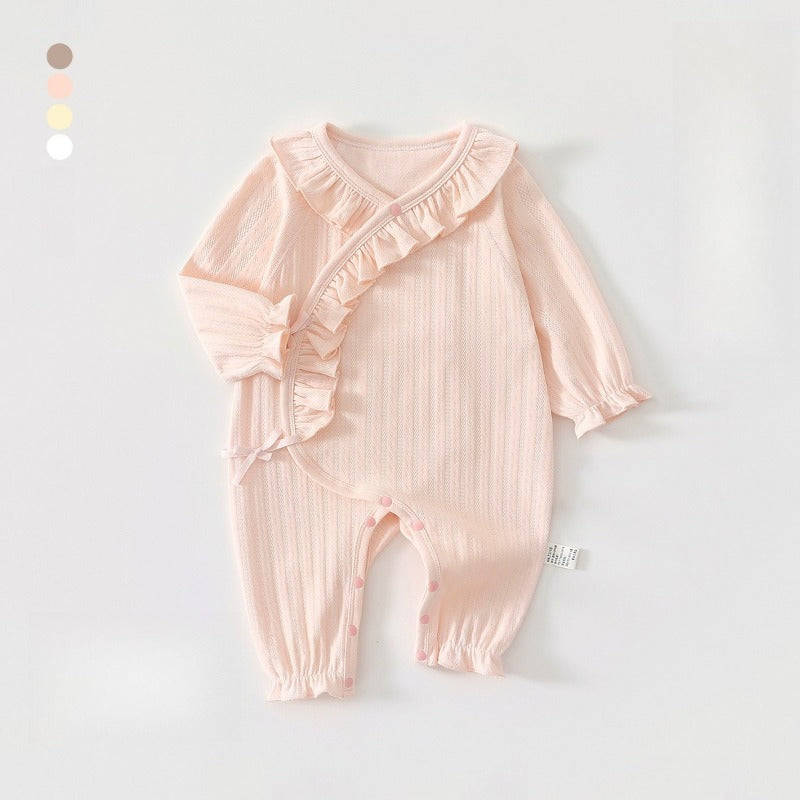 100% Cotton Long-Sleeve Kimono Romper - Brown