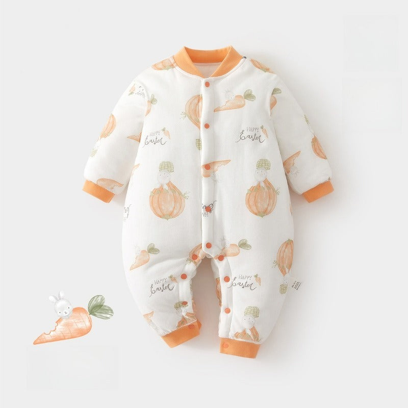 100% Cotton Quilted Long Sleeve Snap-Up Romper - Cat with Lemon