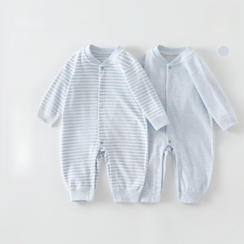 [2-Pieces Set] 100% Cotton Long Sleeve Snapup Romper - Beige & Beige Stripe