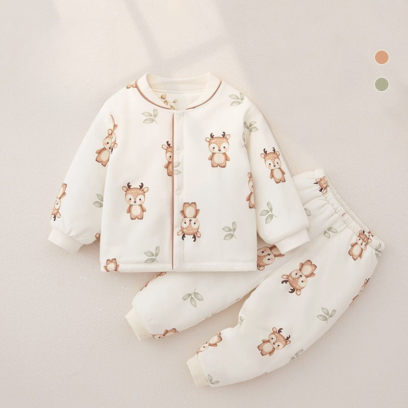 100% Cotton Quilted Long Sleeve Snap-Up Top & Pants Set - Baby Deer