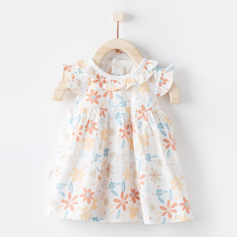 100% Cotton Flutter-Sleeve Dress - Yellow Spring Floral