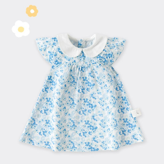 100% Cotton Flutter-Sleeve Dress - Blue Flowers