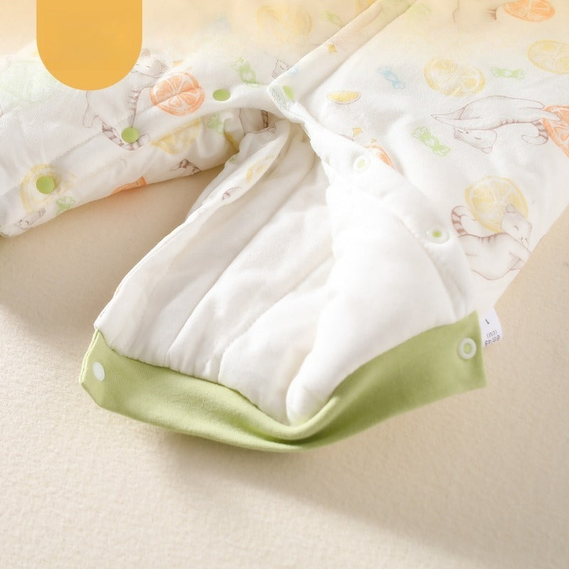 100% Cotton Quilted Long Sleeve Snap-Up Romper - Cat with Lemon