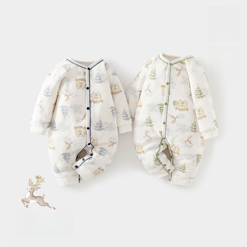 100% Cotton Quilted Long Sleeve Snap-Up Romper - Blue Tree