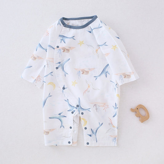 Cotton & Bamboo Muslin Long Sleeve Romper - Ocean