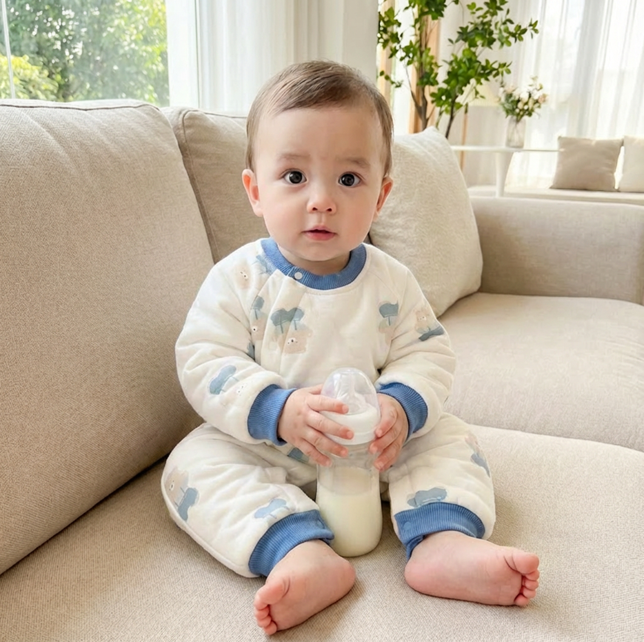 100% Cotton Long Sleeve Quilted Top & Pants Set- Orange Bear