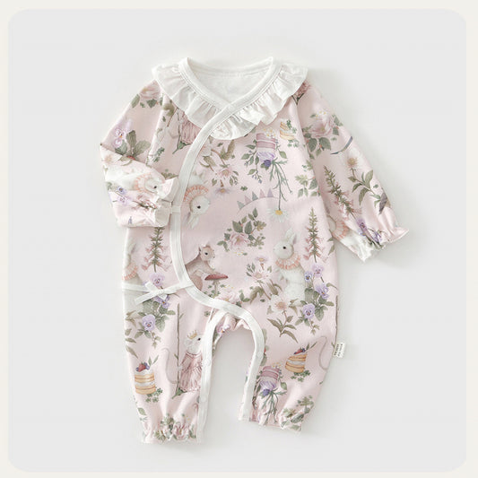 100% Cotton Long Sleeve Kimono Romper - Pink Bunny Garden