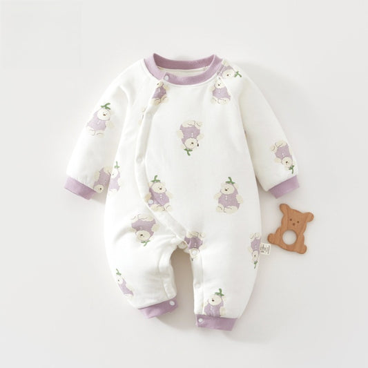 100% Cotton Long Sleeve Snap-Up Quilted Romper - Purple Bear