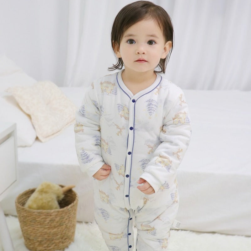 100% Cotton Quilted Long Sleeve Snap-Up Romper - Blue Tree