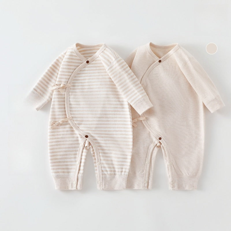 [2-Pieces Set] 100% Cotton Long-Sleeve Kimono Romper - Blue & Blue Stripe