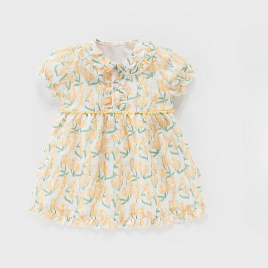 100% Cotton Short-Sleeve Princess Dress - Yellow Tulip