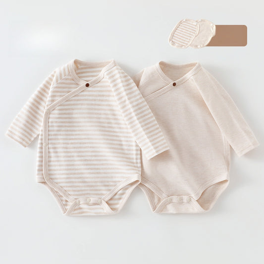 [2-Pieces Set] 100% Cotton Long Sleeve Side-Snap Bodysuit - Beige & Beige Stripe