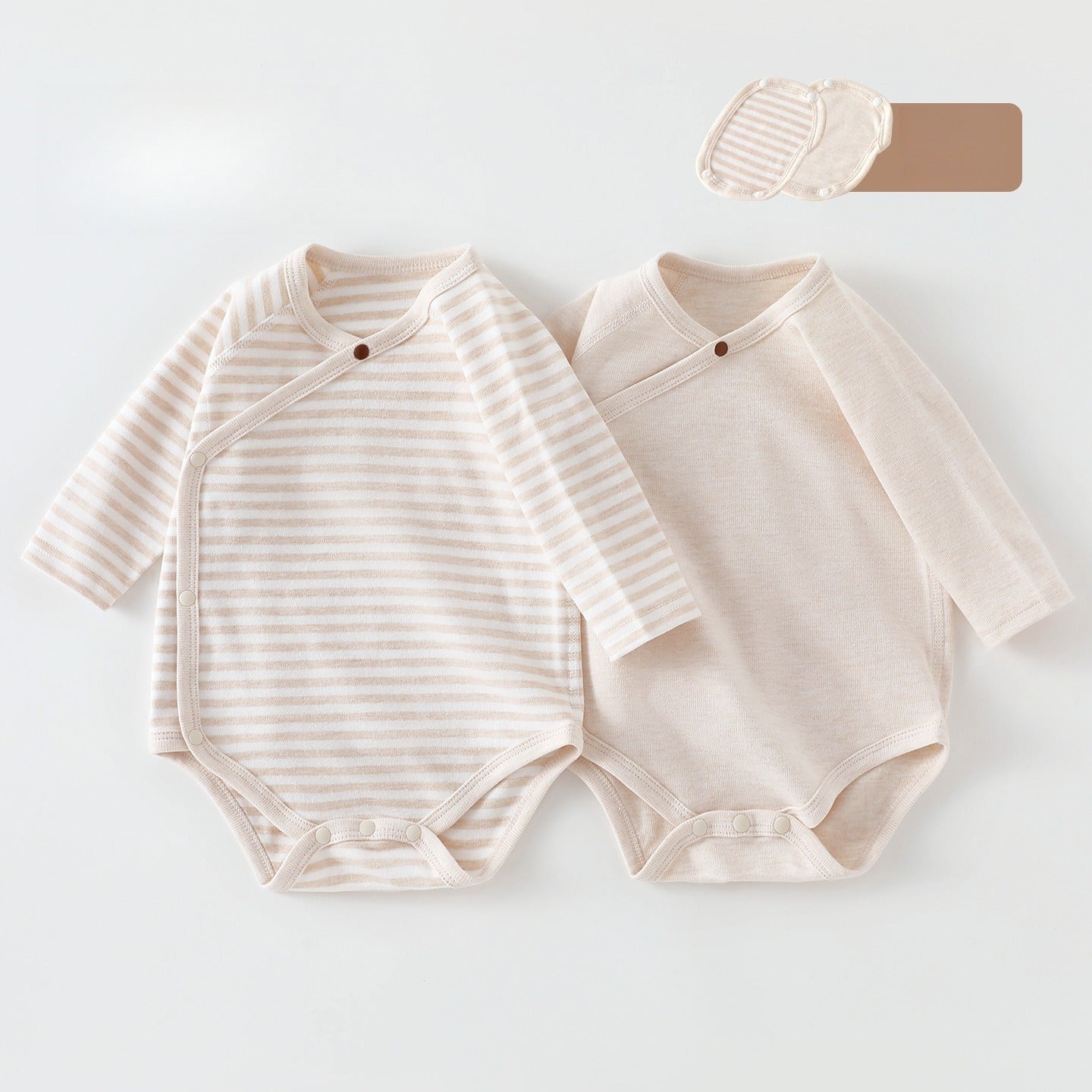 [2-Pieces Set] 100% Cotton Long Sleeve Side-Snap Bodysuit - Blue & Blue Stripe