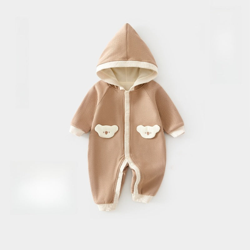 Cotton Quilted Hoodie Snap-Up Romper - Brown Koala