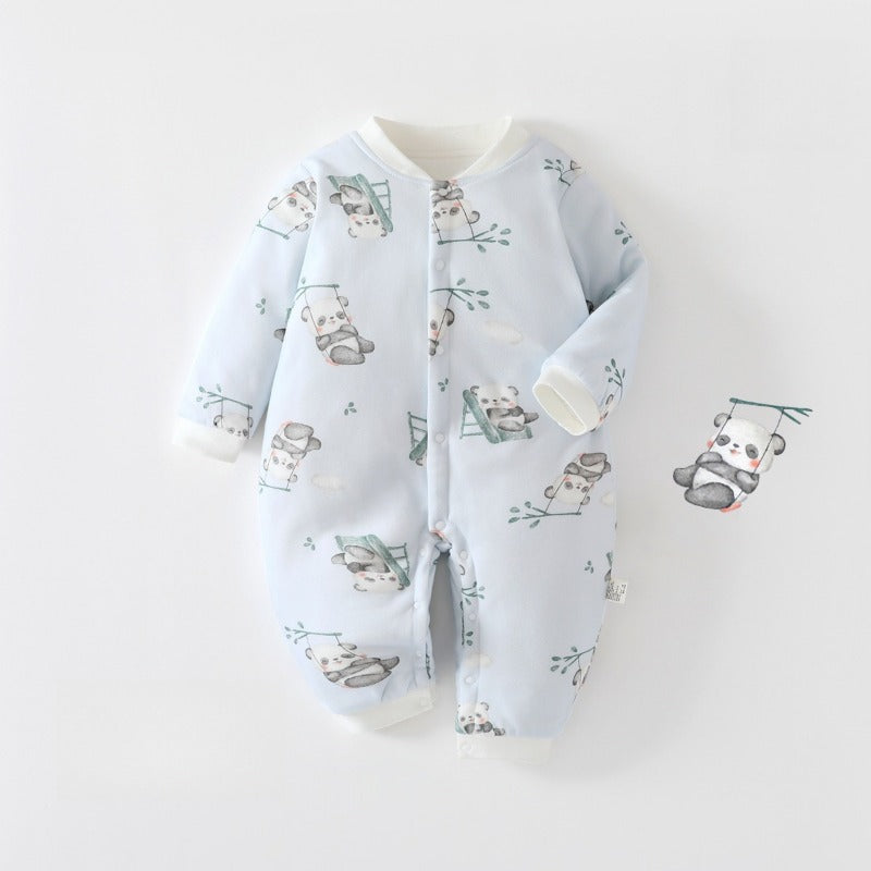100% Cotton Quilted Long Sleeve Snap-Up Romper - Blue Bear