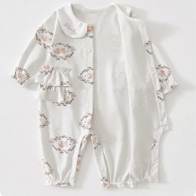 100% Cotton Snap-up Long-Sleeve Romper - Brown Elephant