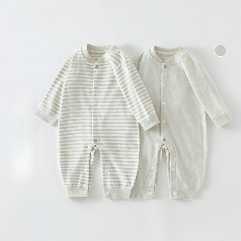 [2-Pieces Set] 100% Cotton Long Sleeve Snapup Romper - Beige & Beige Stripe