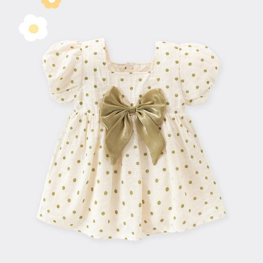 100% Cotton Short-Sleeve Princess Dress - Green Spots & Bowknot